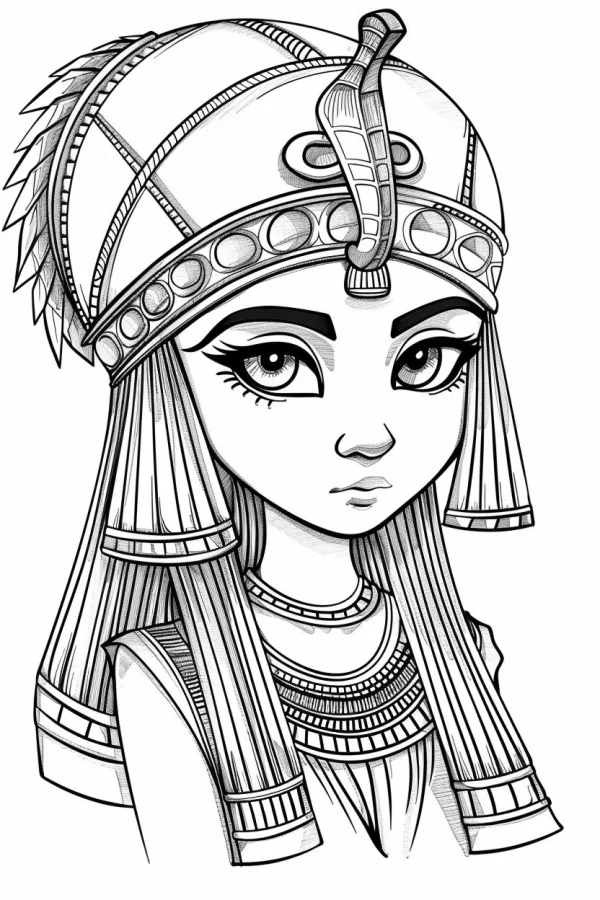 Coloring book page, cute cartoon ancient egyptian girl with pharaoh-style headdress — free printable egypt coloring book page