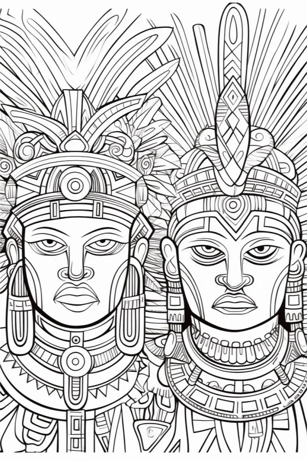 Two aztec indigenous figures with elaborate headdresses, aztec cultural style — free printable ancient civilization coloring book page