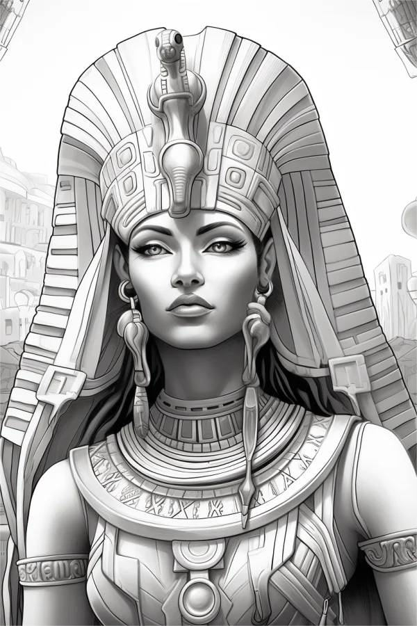 Ancient egyptian queen with traditional snake headdress, realistic illustration style — free printable egypt coloring book page