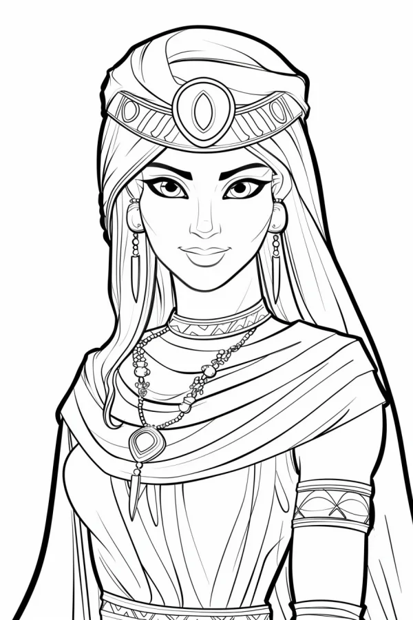 Middle eastern style female character, cartoon style — free printable middle eastern culture coloring book page