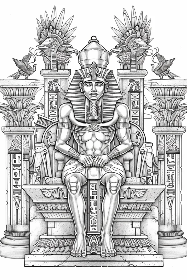 Coloring book page, ancient egyptian pharaoh sitting on a grand throne — free printable history coloring book page