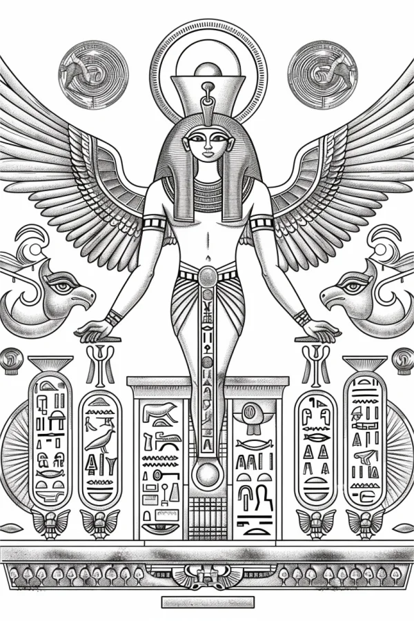 Ancient egyptian goddess isis with outstretched wings, ancient egyptian style — free printable ancient egyptian culture coloring book page