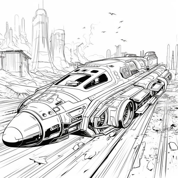 Futuristic sci-fi spaceship in post-apocalyptic city ruins, sci-fi realistic style — free printable wasteland coloring book page