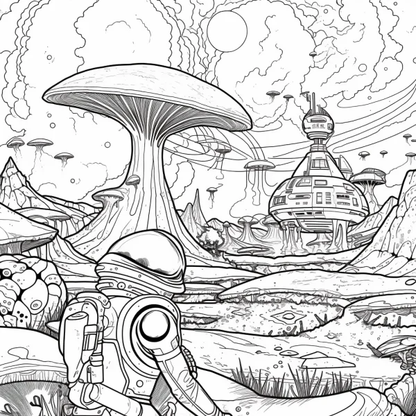 Astronaut in alien mushroom landscape, sci-fi fantasy style — free printable alien world coloring book page