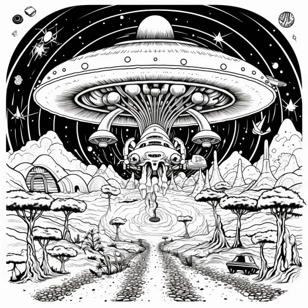Alien ufo landing on an alien planet, sci-fi fantasy style — free printable alien world coloring book page