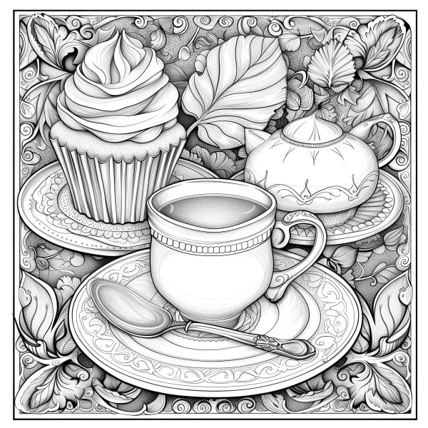 Afternoon tea set with cupcake and cream topping, decorative art style — free printable afternoon tea coloring book page