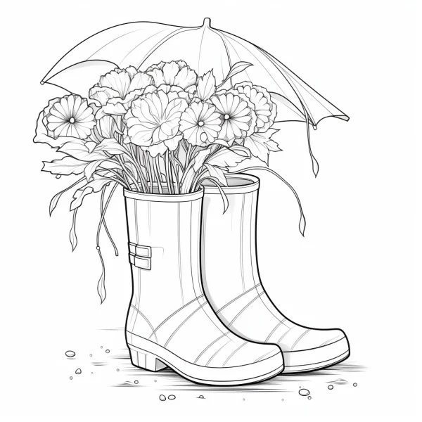 Rain boots filled with flower bouquet and an umbrella, sketch style — free printable rainy season coloring book page