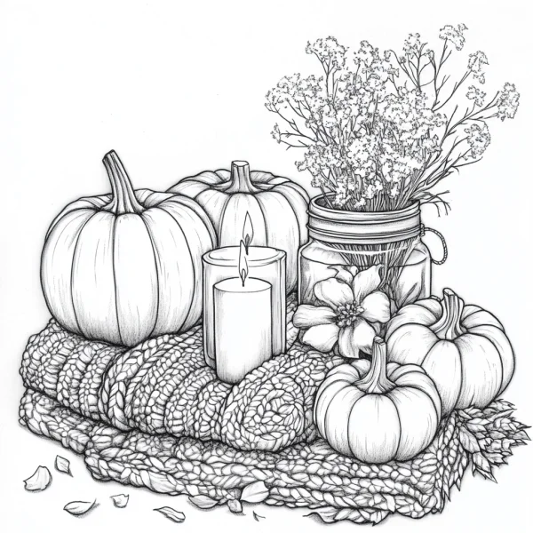 Thanksgiving still life with pumpkins, lit candles — free printable still life coloring book page