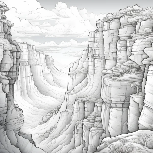 Grand canyon landscape, realistic sketch style — free printable canyon coloring book page