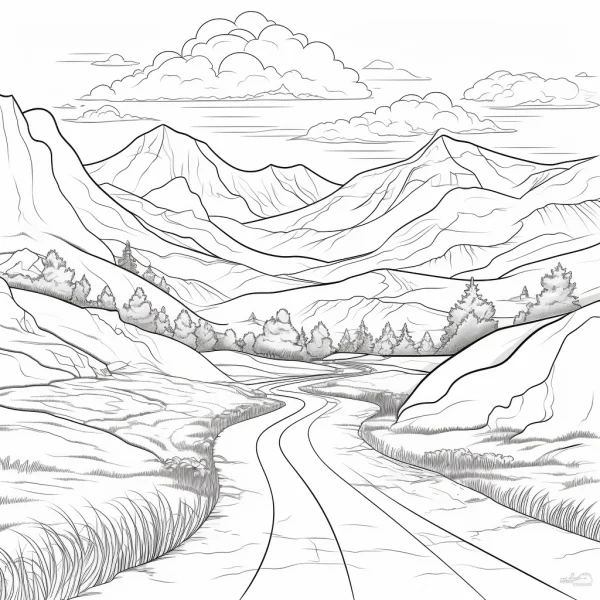 Winding mountain road in mountain countryside landscape, realistic illustration style — free printable grassland coloring book page
