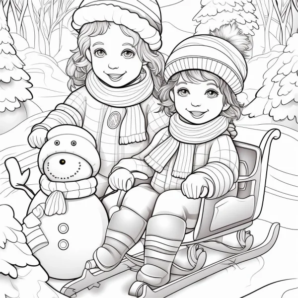 Two children sitting on a sled with a cute snowman, cartoon style — free printable outdoor activities coloring book page
