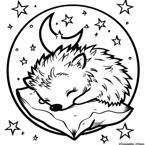 Sleeping hedgehog resting on a pillow, cartoon style — free printable dreams coloring book page