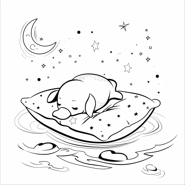 Coloring book page, sleeping baby elephant on a floating pillow — free printable sleep coloring book page