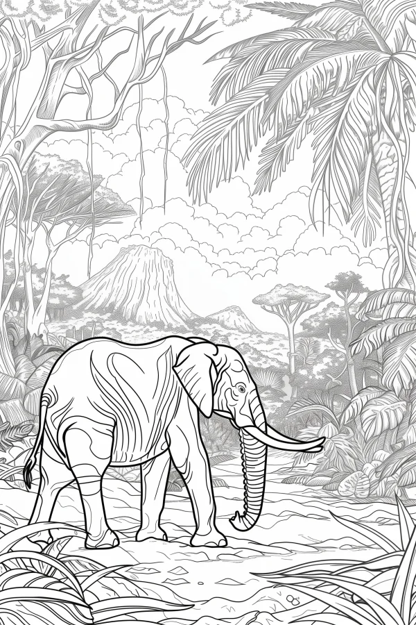 Jungle elephant, realistic style — free printable rainforest coloring book page