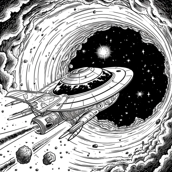 Sci-fi spaceship, flying through a swirling space tunnel — free printable universe coloring book page
