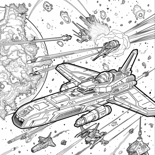 Sci-fi combat spaceship, dynamic space battle scene with starfighters — free printable combat coloring book page