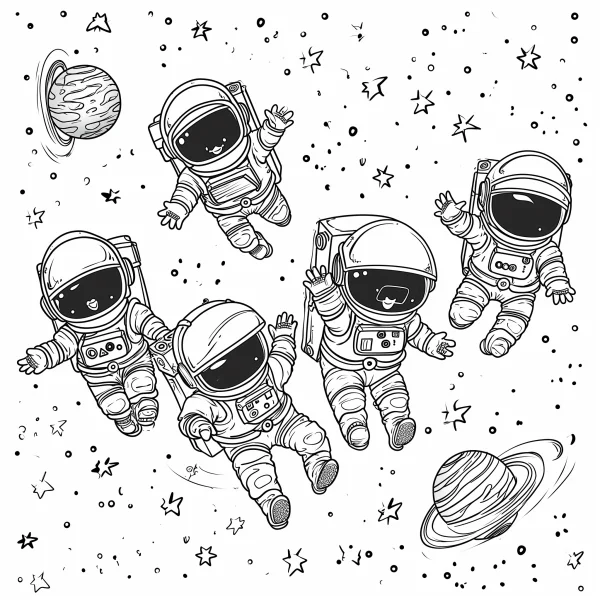 Cute cartoon astronauts floating in outer space, cartoon style — free printable astronaut coloring book page