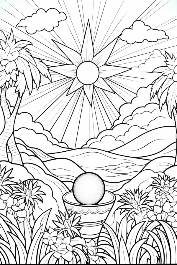 Tropical natural landscape with decorative vessel and sphere, cartoon style — free printable tropical style coloring book page