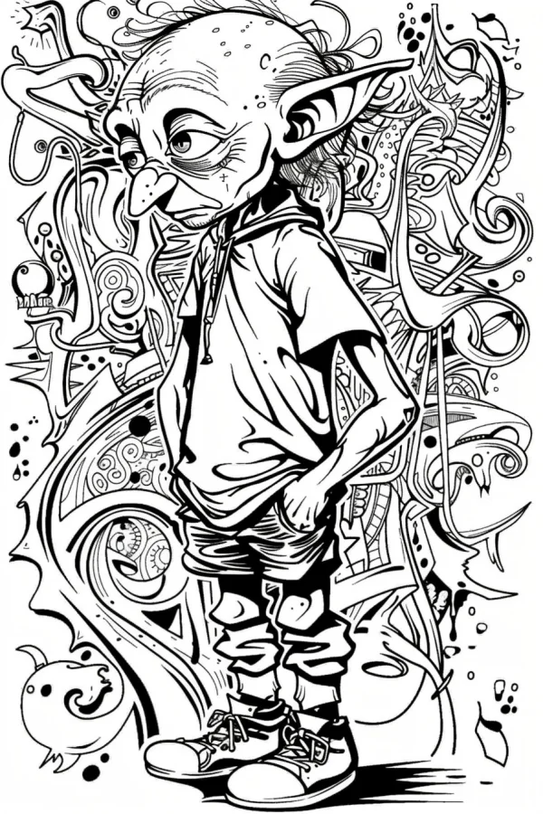 Depressed street-style elf in hoodie and sneakers, graffiti and cartoon art style — free printable graffiti art coloring book page
