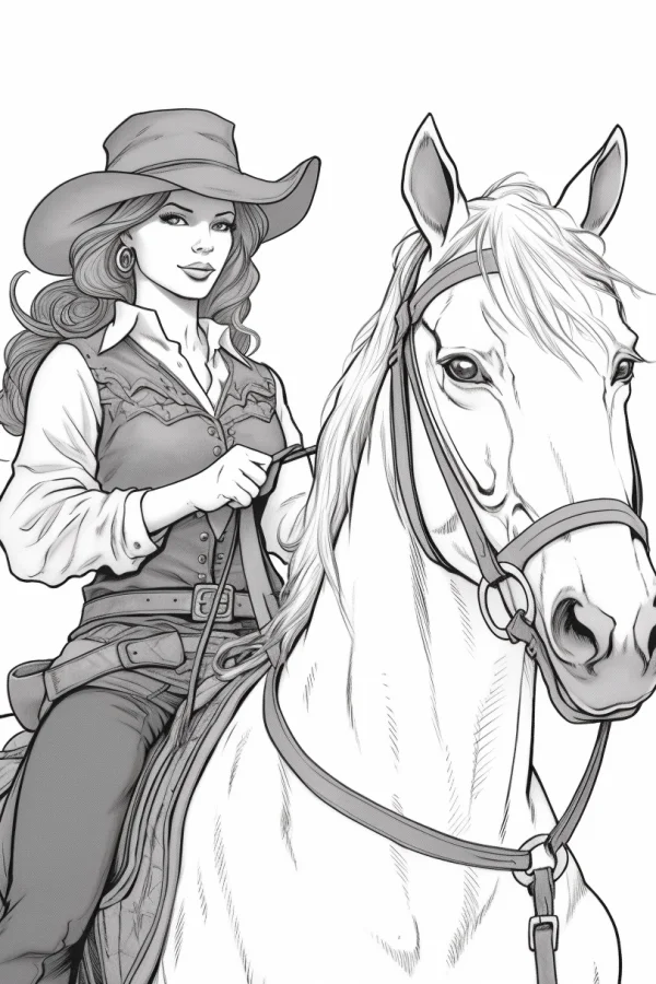 Cowgirl riding a white horse, realistic illustration style — free printable cowboy coloring book page
