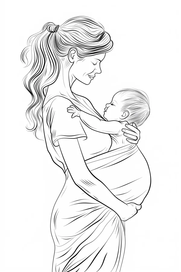 Pregnant woman holding a baby, realistic line art style — free printable parent-child coloring book page