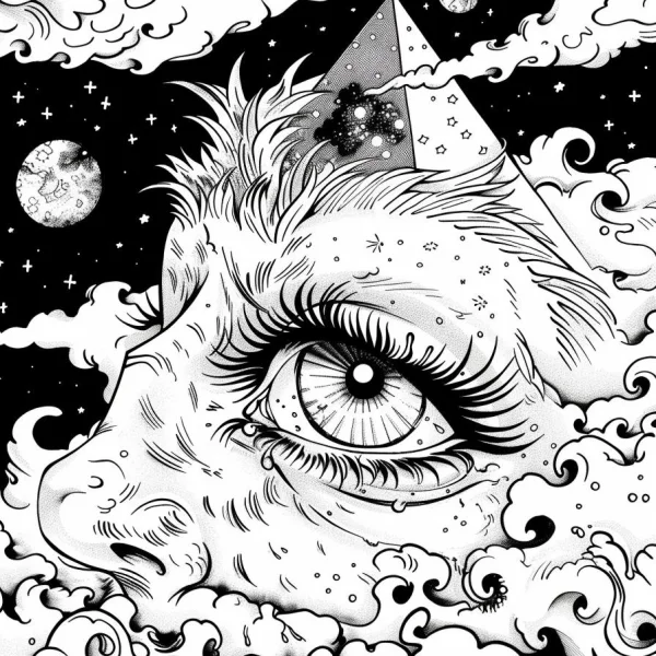 Surreal starry sky eye with a triangular party hat, surreal abstract style — free printable universe coloring book page