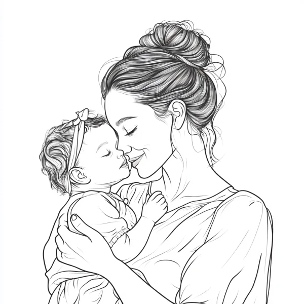 A mother kissing her baby, realistic sketch style — free printable mother's day coloring book page