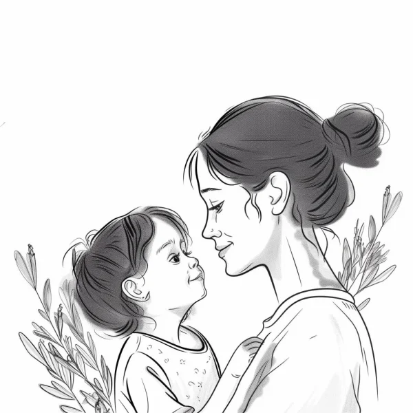 Warm mother and daughter interaction, realistic illustration style — free printable mother's day coloring book page