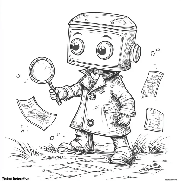 Cute cartoon robot detective holding a magnifying glass, wearing a trench coat — free printable detective coloring book page