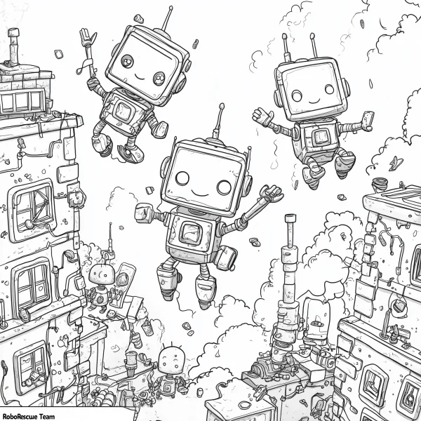 Coloring book page, cute cartoon robots — free printable robot coloring book page
