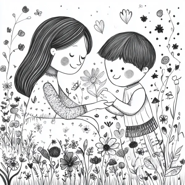 Mother and little boy exchanging flower, cartoon style — free printable mother's day coloring book page
