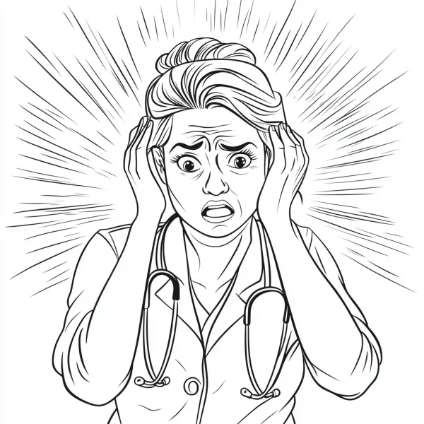 Anxious female doctor with stethoscope and white coat, cartoon style — free printable doctor coloring book page