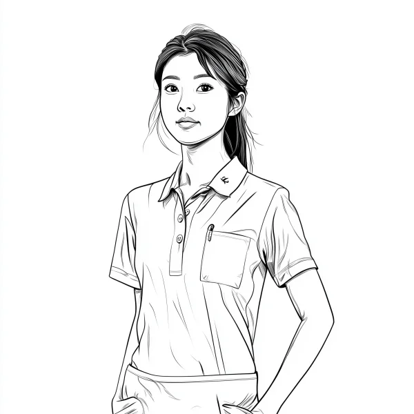 Young girl in polo shirt with ponytail and hands in pockets, realistic illustration style — free printable career theme coloring book page