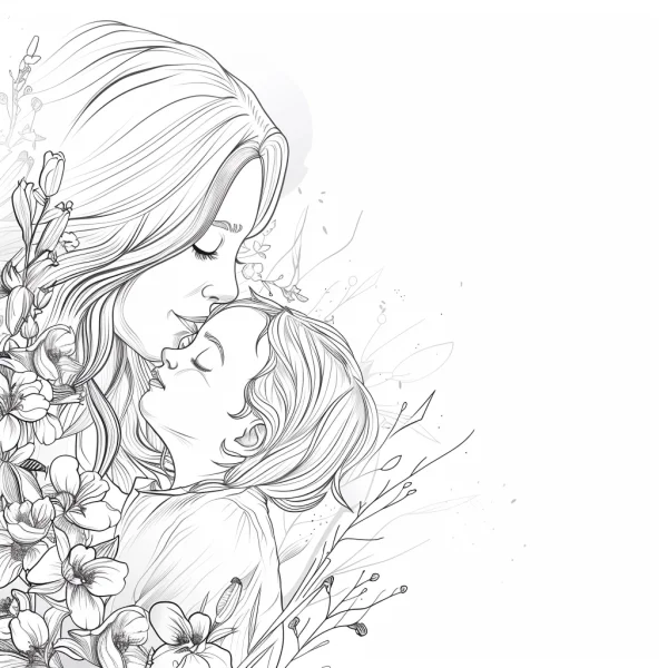 Mother and child intimate interaction, realistic illustration style — free printable parent-child coloring book page