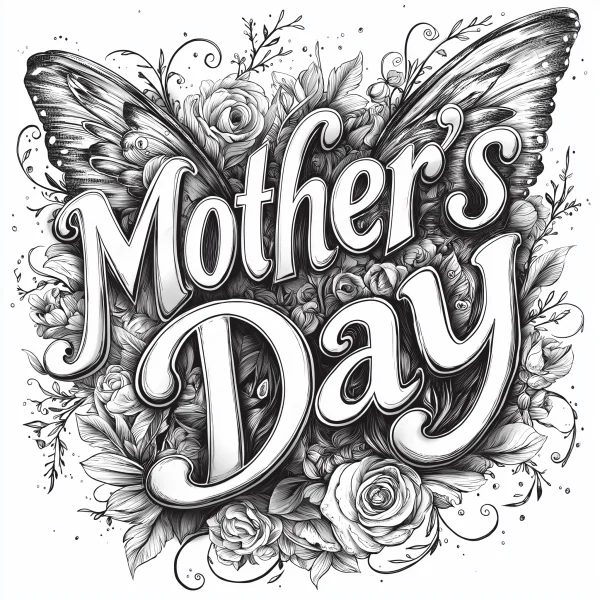 Mother's day decorative lettering surrounded by roses and butterfly wings, art nouveau style — free printable mother's day coloring book page