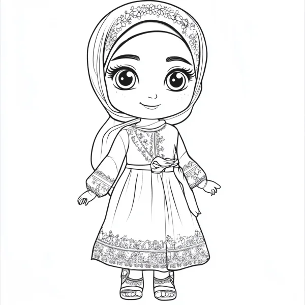 Cute cartoon middle eastern girl wearing hijab and traditional embroidered dress, chibi style — free printable middle east coloring book page