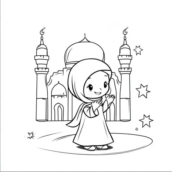 Cute muslim little girl wearing hijab, standing in front of a mosque — free printable middle eastern culture coloring book page