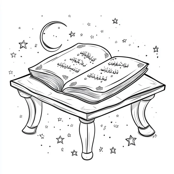 Open quran with arabic script on a small wooden table, middle eastern style — free printable middle eastern culture coloring book page