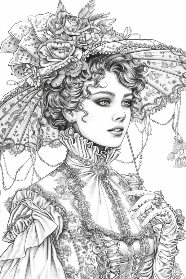 Victorian-style vintage woman with curly hair, wearing ornate wide-brimmed hat decorated with roses and feathers — free printable victorian coloring book page