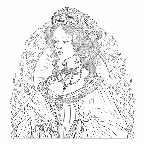 Vintage court woman with curly hair, retro court style — free printable court coloring book page