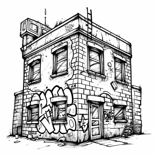 Abandoned brick building with graffiti, street art and realistic style — free printable abandoned buildings coloring book page