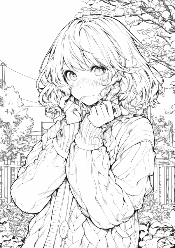 Shy short-haired anime girl wearing cable-knit sweater, anime style — free printable campus life coloring book page