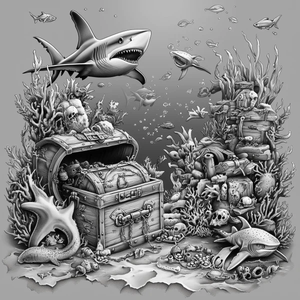 Underwater treasure chest surrounded by sharks, realistic line art style — free printable treasure coloring book page