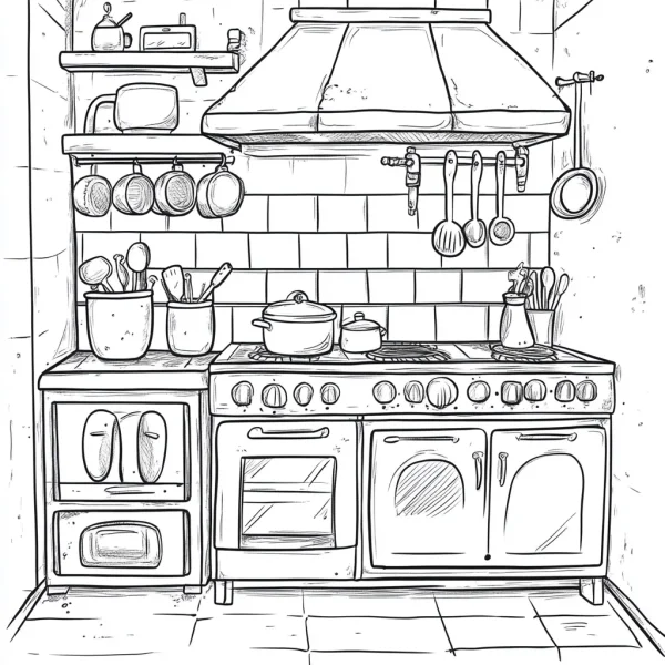 Kitchen cooking scene with various kitchen utensils, realistic sketch line art style — free printable kitchen coloring book page