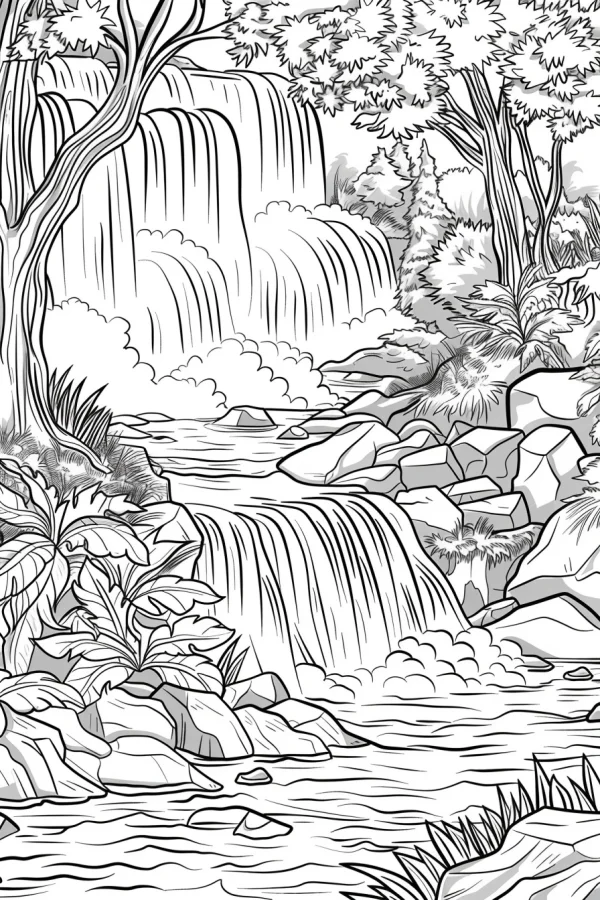 Forest waterfall stream scene, realistic line art style — free printable waterfall coloring book page