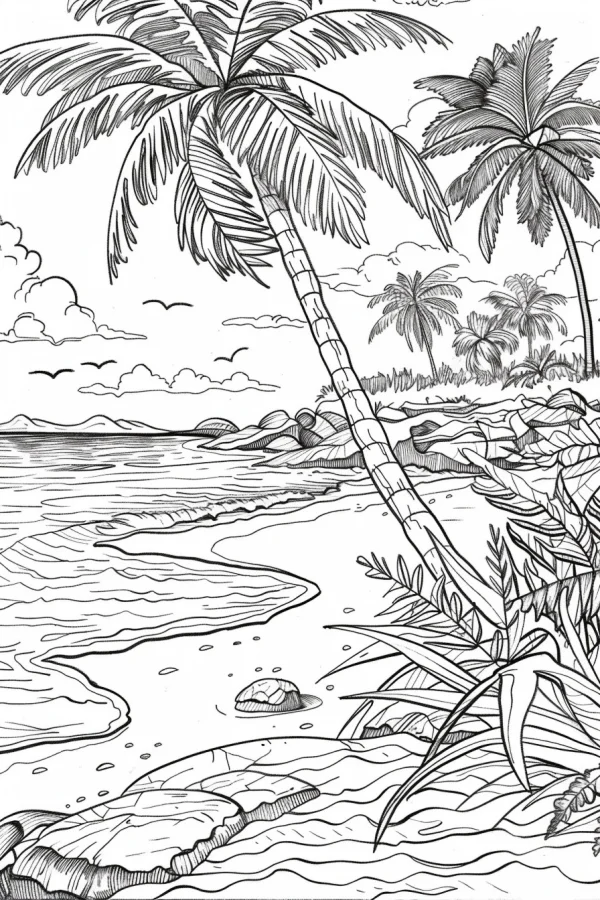 Tropical beach landscape, realistic line art style — free printable tropical coloring book page