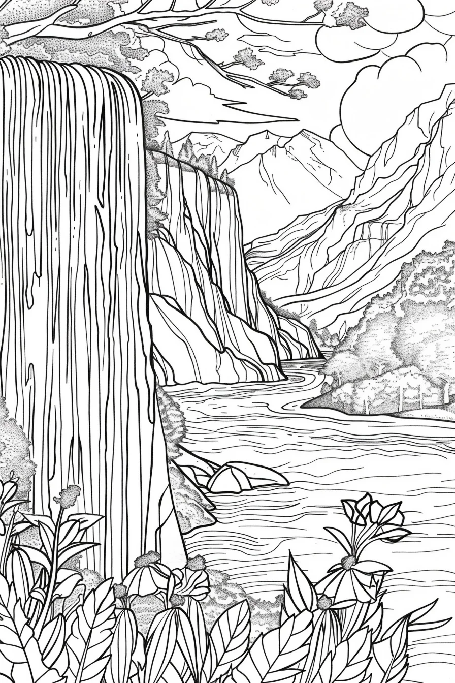 Waterfall and mountain natural landscape, realistic line art style — realistic style — moderate detail — line art coloring page — for kids and adults of all ages
