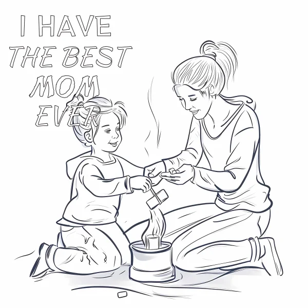 Mother and child interactive scene, sketch style — free printable mother's day coloring book page