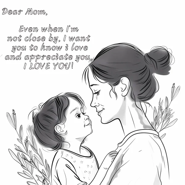 Warm mother and daughter interaction, realistic line art style — free printable mother's day coloring book page