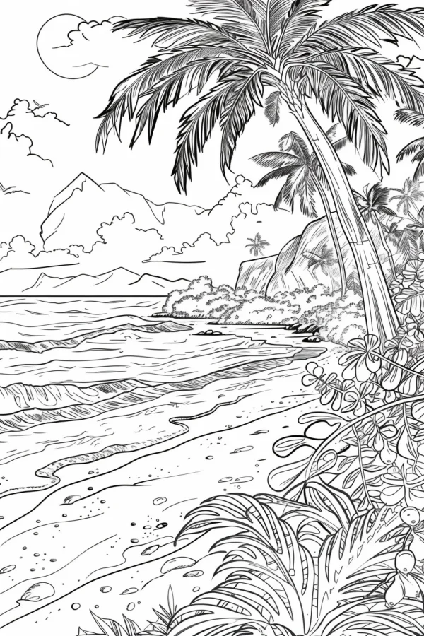 Tropical beach landscape with palm trees, realistic line art style — free printable tropical coloring book page